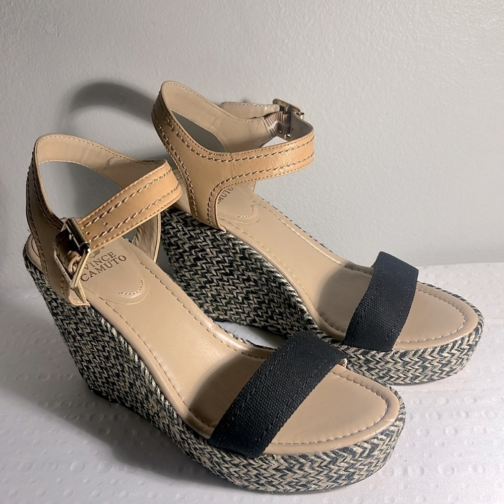 Vince Camuto Nude and Black Rope Wedge Espadrilles Sandals in 10